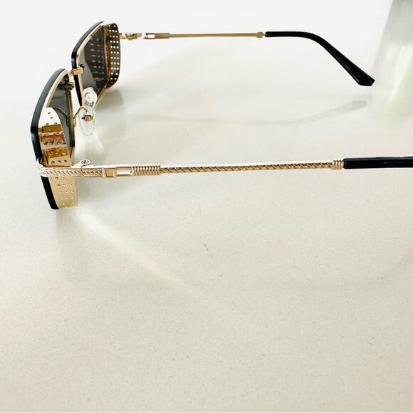 VINTAGE Y2K 90s Gold Metal Square Black Mini Etched Sunglasses Unisex Sunnies - Picture 6 of 12